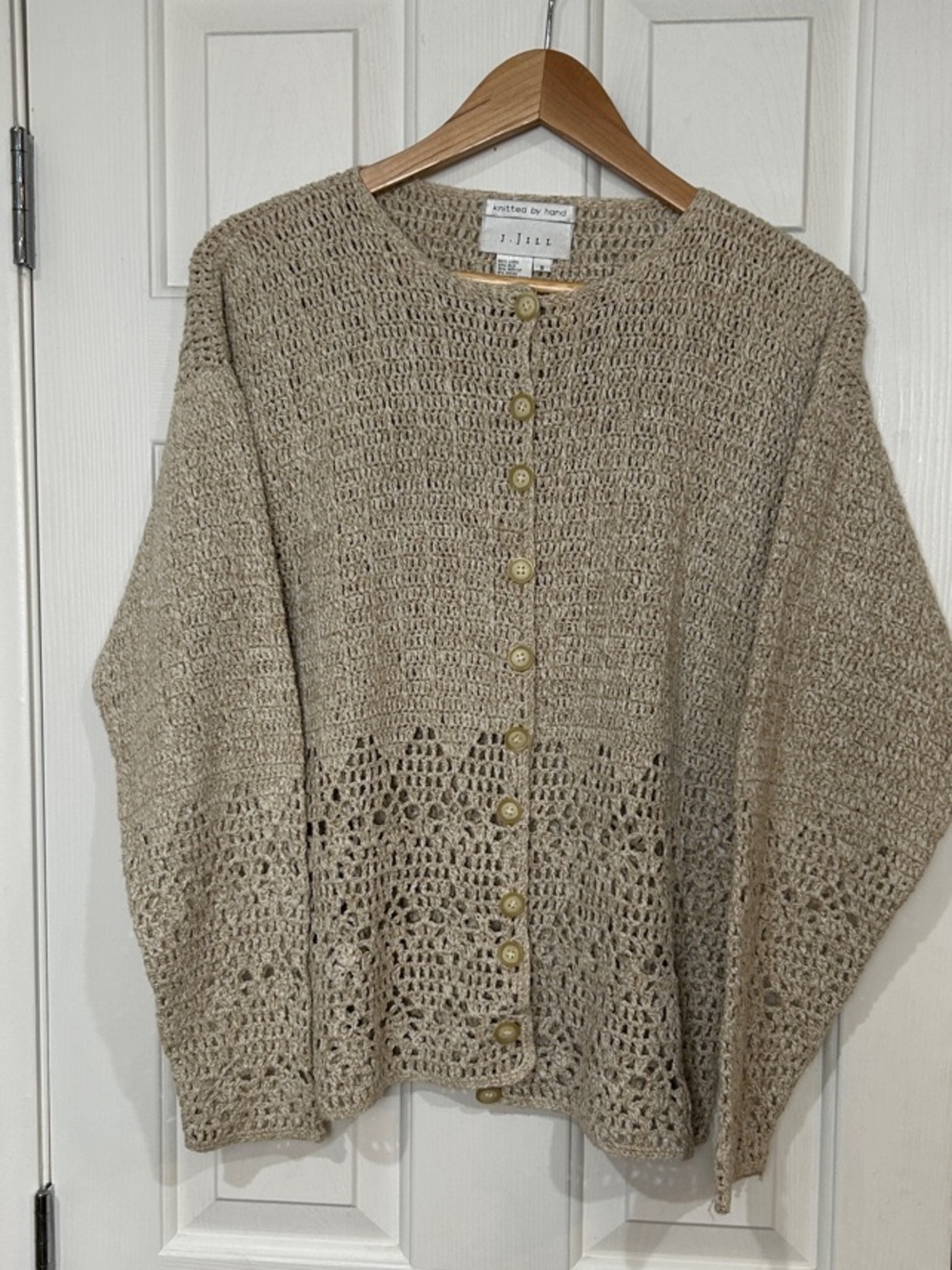 J. Jill Knitted by Hand Beige Linen Silk Blend Crochet Cardigan Sweater Size S